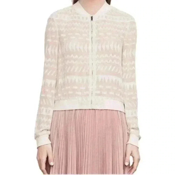 BCBGMaxAzria Creme Aztec Sheer Full Zip Cropped Bomber Jacket Size XXS - Picture 1 of 16